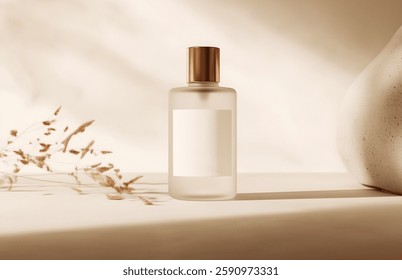 A luxurious frosted glass perfume bottle with a blank white label, placed on a soft beige background with natural shadows, ideal for cosmetic branding mockups.