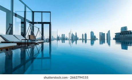 A luxurious, higher-level poolside view showcasing modern furniture complemented by the backdrop of a vibrant city skyline