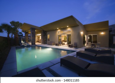 Luxurious House With Swimming Pool At Night