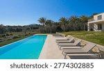 Luxurious infinity pool lined with comfortable sun loungers, overlooking a lush valley with palm trees under a vast, cloudless blue sky