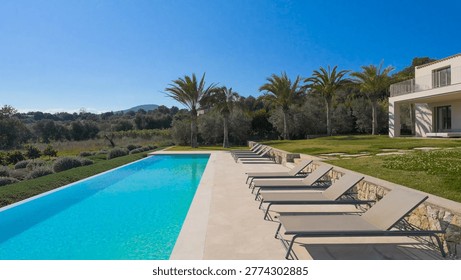 Luxurious infinity pool lined with comfortable sun loungers, overlooking a lush valley with palm trees under a vast, cloudless blue sky