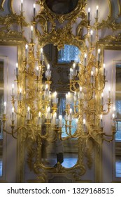 The Luxurious Interior And Golden Decorative Elements Of The Grand Peterhof Palace. Saint Petersburge, Russia - September 18, 2018. 