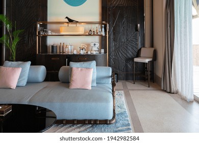 Luxurious interior of a very expensive rich water villa in the Maldives, decorated with natural wood. - Shutterstock ID 1942982584