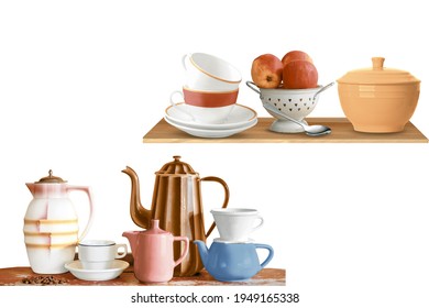 Luxurious kitchen set with cups and mugs for wall tile, luxurious kitchen set with white background - Shutterstock ID 1949165338