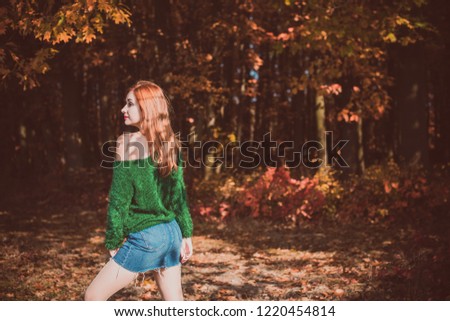 Luxurious lady in colorful clothes .A nice smile, playful gait.Fabulous Golden autumn trail. Picturesque nature. Fantastic shooting. Fashionable toning.Creative color