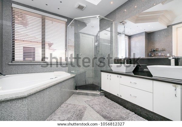 Luxurious Large Bathroom Floor Ceiling Tiling Stock Photo