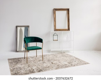 Luxurious Living Room Interior With Chair, Shelves And Mirror With Mockup Poster. Paste Your Photo Here