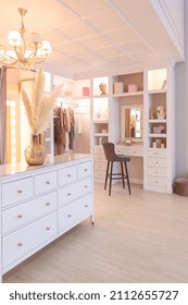 Luxurious Modern Dressing Room Interior In A Chic Bright Apartment In Pink. Trendy Lighting, Stylish Luxury Design And White Furniture