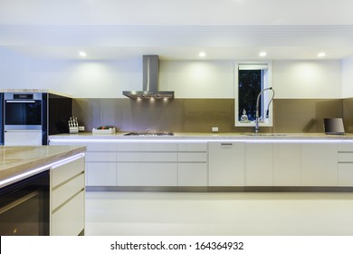 Luxurious New Kitchen With LED Lights And Modern Appliances