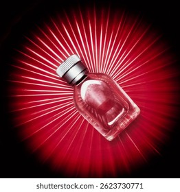 A luxurious perfume bottle displayed with dramatic radial lighting, evoking elegance, mystery, and sophistication.
