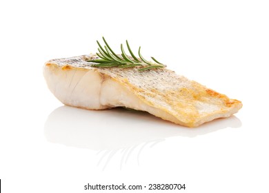 Luxurious Seafood Dinner. Perch Fish Fillet Isolated On White Background With Fresh Green Herbs. Healthy Eating.