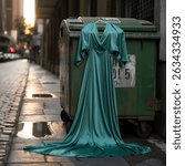 A luxurious silk dress draped over a gritty dumpster in an alley during golden hour. Captured with Canon 5D Mark IV at 85mm. High contrast of elegance and decay, ultra texture detail.
