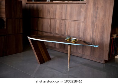 Luxurious small table with two oriental cups in a beautiful apartment
