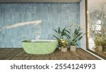 Luxurious stone marble bathtub on a background of deep blue tiles and wooden parquet. Flowers in the interior design of the bathroom. large panoramic window overlooking the winter landscape. 3d render