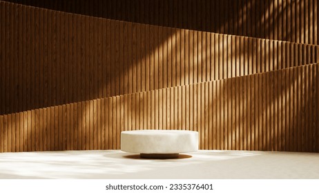 Luxurious stonemarble pedestal basks in foliage gobo sunlight. Wooden rod backdrop adds depth and elegance. Ideal for premium product showcases and sophisticated designs. - Shutterstock ID 2335376401