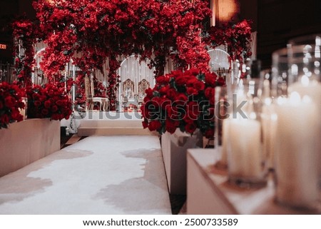 Luxurious wedding interior Wedding stage, interior design, roses for decoration, red is the main color a beautiful wedding stage decoration