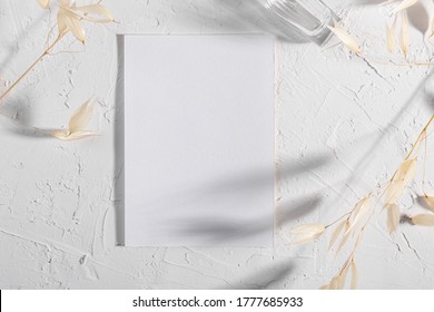 Luxury 5x3,5 Mockup Template, Empty Stationery Card With Dry Plants Flower And Perfume On A White Background And Design Element For Wedding Invitation, Rsvp, Thank You Card, Greeting, Business Card