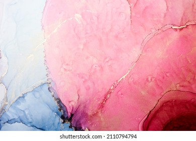 Luxury Abstract Background In Alcohol Ink Technique, Blue Red Gold Liquid Painting, Scattered Acrylic Blobs And Swirling Stains, Printed Materials