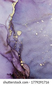 Luxury Abstract Fluid Art Painting Background Alcohol Ink Technique Purple And Gold. Modern Contemporary Art. Part Of Original Alcohol Ink Painting. Hand Painted Ink Texture. Card Background