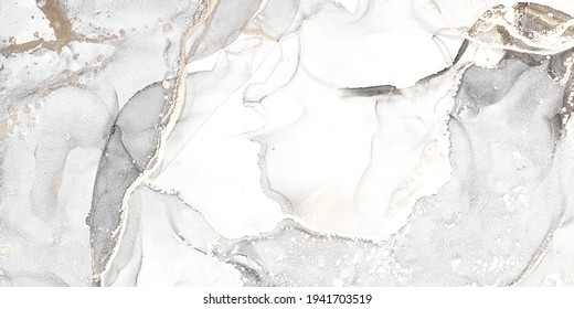 Luxury abstract fluid art painting in alcohol ink technique, mixture of black, gray and gold paints. Imitation of marble stone cut, glowing golden veins. Tender and dreamy design