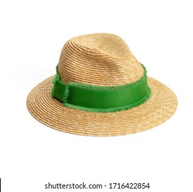 Luxury Accessory, Summer Straw Women’s Hat With Green Silk Ribbons, Clipping Path, Isolated On White Background