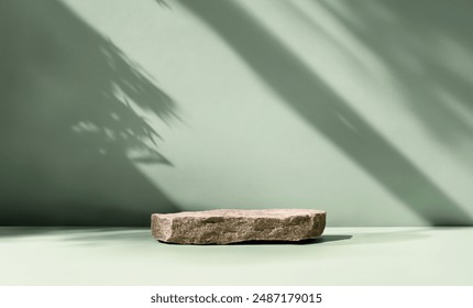 Luxury aesthetic empty room stage beige rock stone with shadow on Green background. Product showcase mockup template stage scene display. 