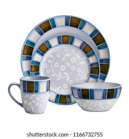 luxury antique dinnerware set, cookware set on white background