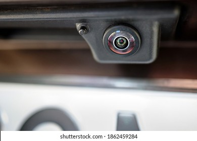 Luxury Back Car Rear View Camera Close Up For Parking Assistance Macro. Concept Of Safety Car Driving While Parking Process. Assist Device Equipment In Modern Cars