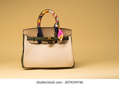 Luxury Bag From Textured Beige Leather With Silky Scarf And Golden Locker 