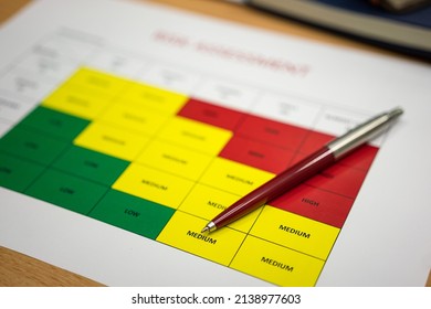 A Luxury Ballpoint Pen On Safety Risk Assessment Blank Form With Color Matrix Level. Business Working And Object Photo. Selective Focus At Pen's Nib.