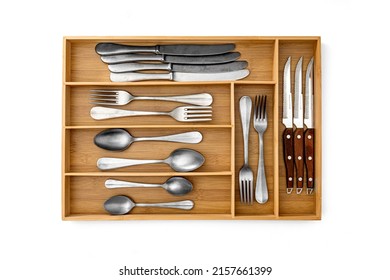 Luxury Bamboo Kitchen Drawer Organizer - Silverware Organizer - Utensil Holder And Cutlery Tray With Grooved Drawer Dividers For Flatware And Kitchen Utensils Flat Lay On White Background Isolated