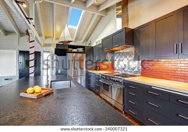 Luxury Beautiful Dark Modern Kitchen Vaulted Stock Photo Edit Now