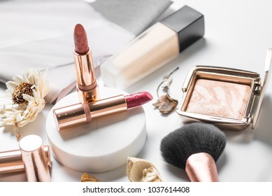 Luxury Beautiful Light  Design Cosmetic Makeup  Brand Gold Nude Orange Pink Lipstick Foundation Blusher Bronzer Brush Flower Accessories White Background