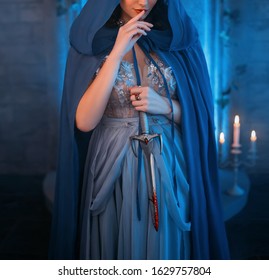 Luxury beauty elf Queen medieval royal creative clothes holds gothic dagger stained blood. Blue silk dress, cloak hood silver tiara. Backdrop old retro castle room. Dangerous Strong power conspirator