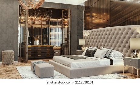 Luxury bedroom apartment design. 3D render. Interior visualization. Illustration. - Powered by Shutterstock