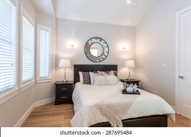  Luxury Bedroom. Contemporary Design With Reclaimed Wood Bedside Tables And Lamp. Nice And Cozy Accommodations. Hotel Or Resort Room.