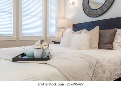  Luxury Bedroom. Contemporary Design With Reclaimed Wood Bedside Tables And Lamp. Nice And Cozy Accommodations. Hotel Or Resort Room.