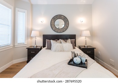  Luxury Bedroom. Contemporary Design With Reclaimed Wood Bedside Tables And Lamp. Nice And Cozy Accommodations. Hotel Or Resort Room.