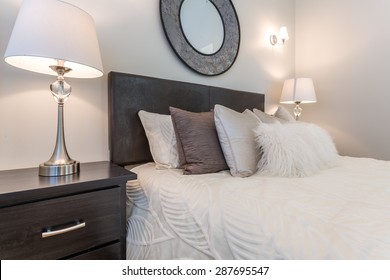  Luxury Bedroom. Contemporary Design With Reclaimed Wood Bedside Tables And Lamp. Nice And Cozy Accommodations. Hotel Or Resort Room.