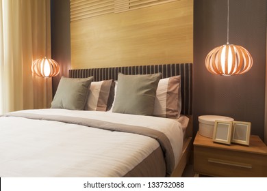 luxury bedroom decorated with wood.