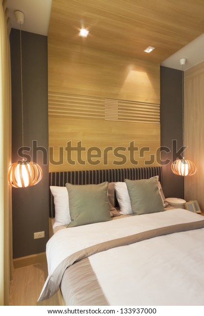 Luxury Bedroom Decorated Wood Headboard Ceiling Stock Photo