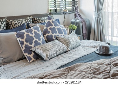 Luxury Bedroom With Pillows On Bed At Home