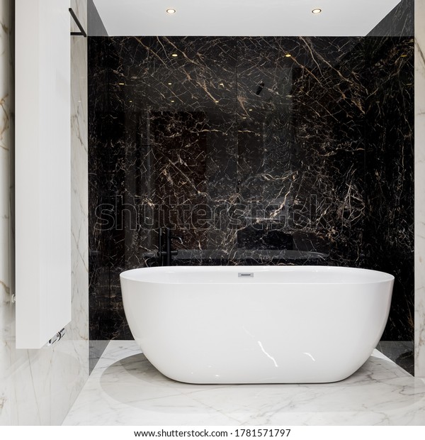 Luxury big bathroom with black and white marble contact paper