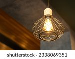 Luxury bird nest design of a metal ceiling  lighting lamp which is glowing in warmlight shade. Interior decoration object equipment, Close-up and selective focus.