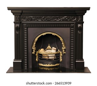 Luxury Black Fireplace Isolated On White Background.