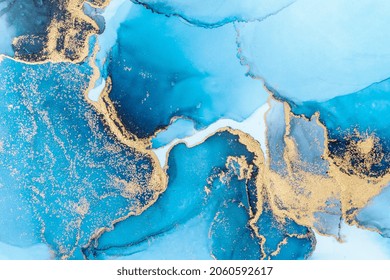 Luxury Blue Abstract Background Of Marble Liquid Ink Art Painting On Paper . Image Of Original Artwork Watercolor Alcohol Ink Paint On High Quality Paper Texture .