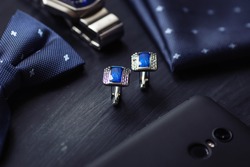 Luxury Blue Fashion Men's Cufflinks. Accessories For Tuxedo, Butterfly, Tie, Handkerchief, Style Watch And Smartphone