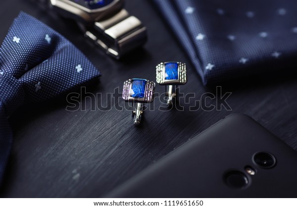luxury blue\
fashion men\'s cufflinks. accessories for tuxedo, butterfly, tie,\
handkerchief, style watch and\
smartphone