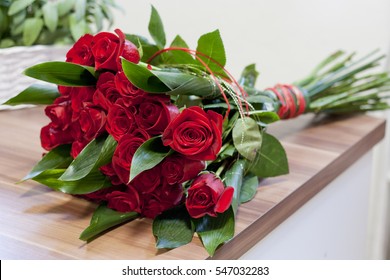 Luxury bouquet made of red roses in flower shop Valentines Bouquet of red roses