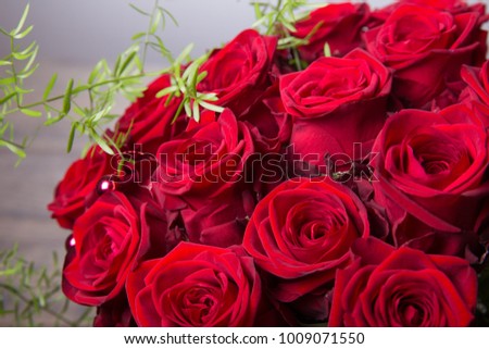 Luxury bouquet made of red roses in flower shop Valentines Bouquet of red roses. Birthday, Mother's, Valentines, Women's, Wedding Day concept